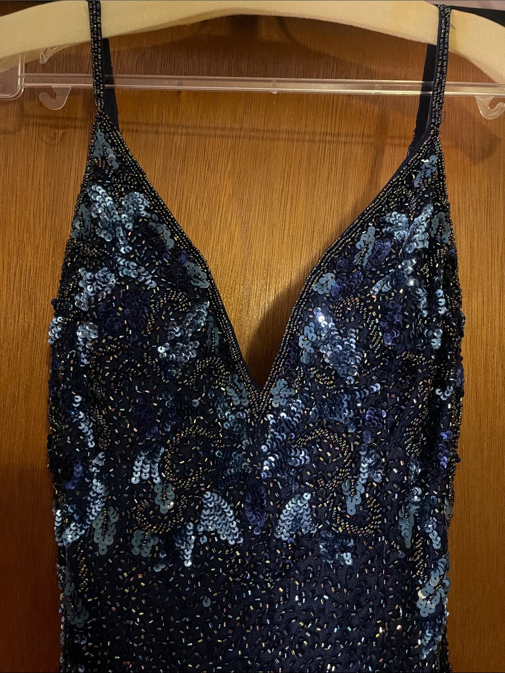 Elegant Navy Sequin Slip Dress with Floral beaded Accents - Picture 2 of 9